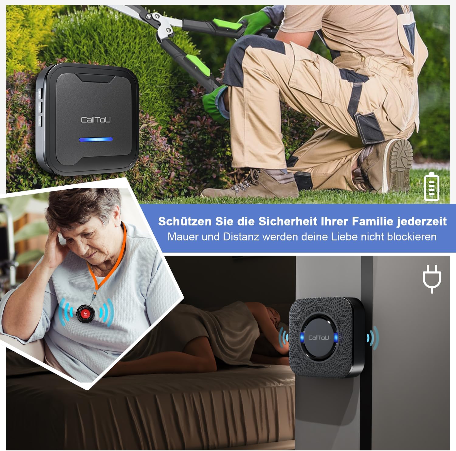 CalltoU notrufknopf für senioren,funkklingel 500 Fuß Im Offenen,senioren Notruf Home Security Alarmanlage für Pflegebedürftige Geduldig/Älterer (2 Sender 3 Empfänger) – Bild 2