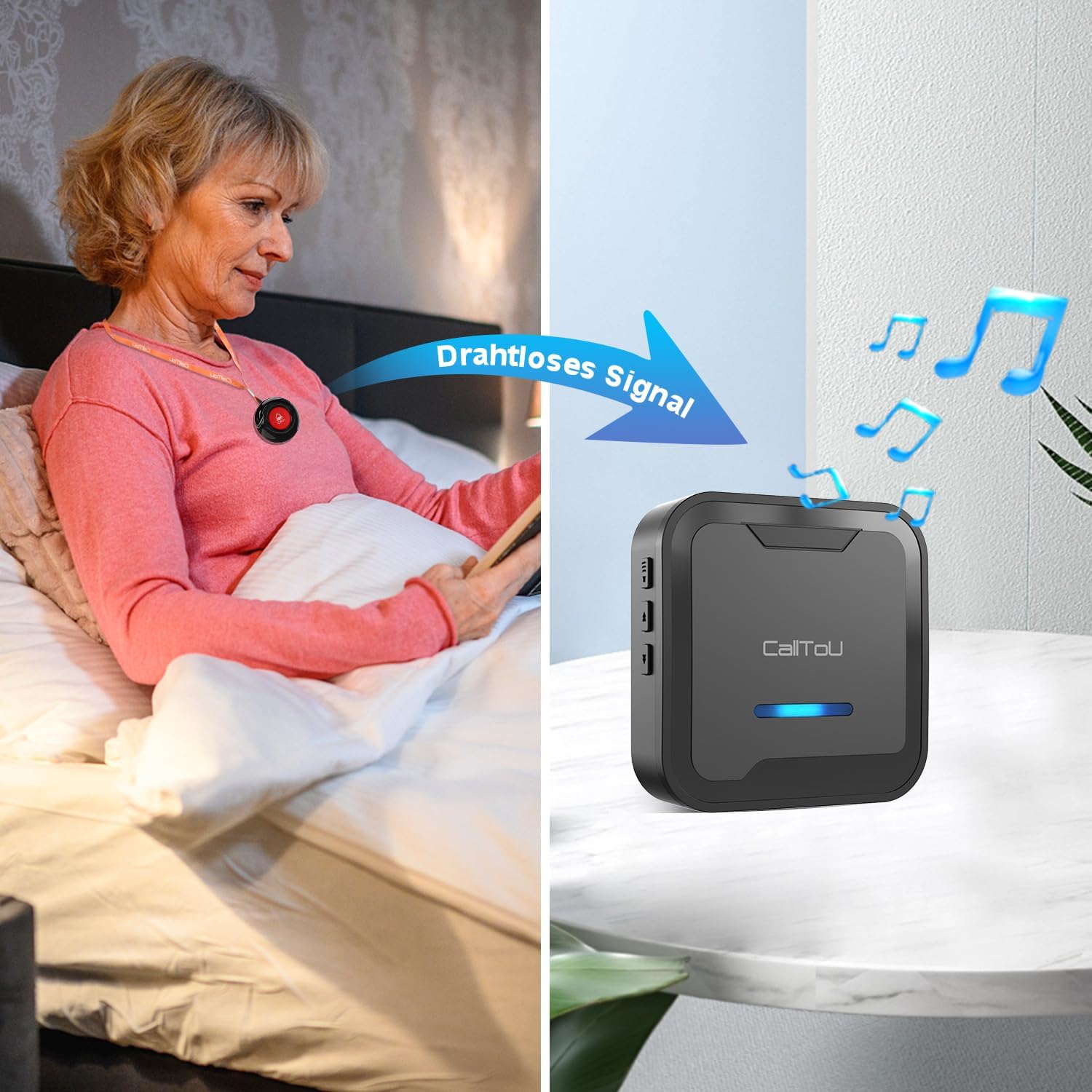CalltoU notrufknopf für senioren,funkklingel 500 Fuß Im Offenen,senioren Notruf Home Security Alarmanlage für Pflegebedürftige Geduldig/Älterer (2 Sender 3 Empfänger) – Bild 7