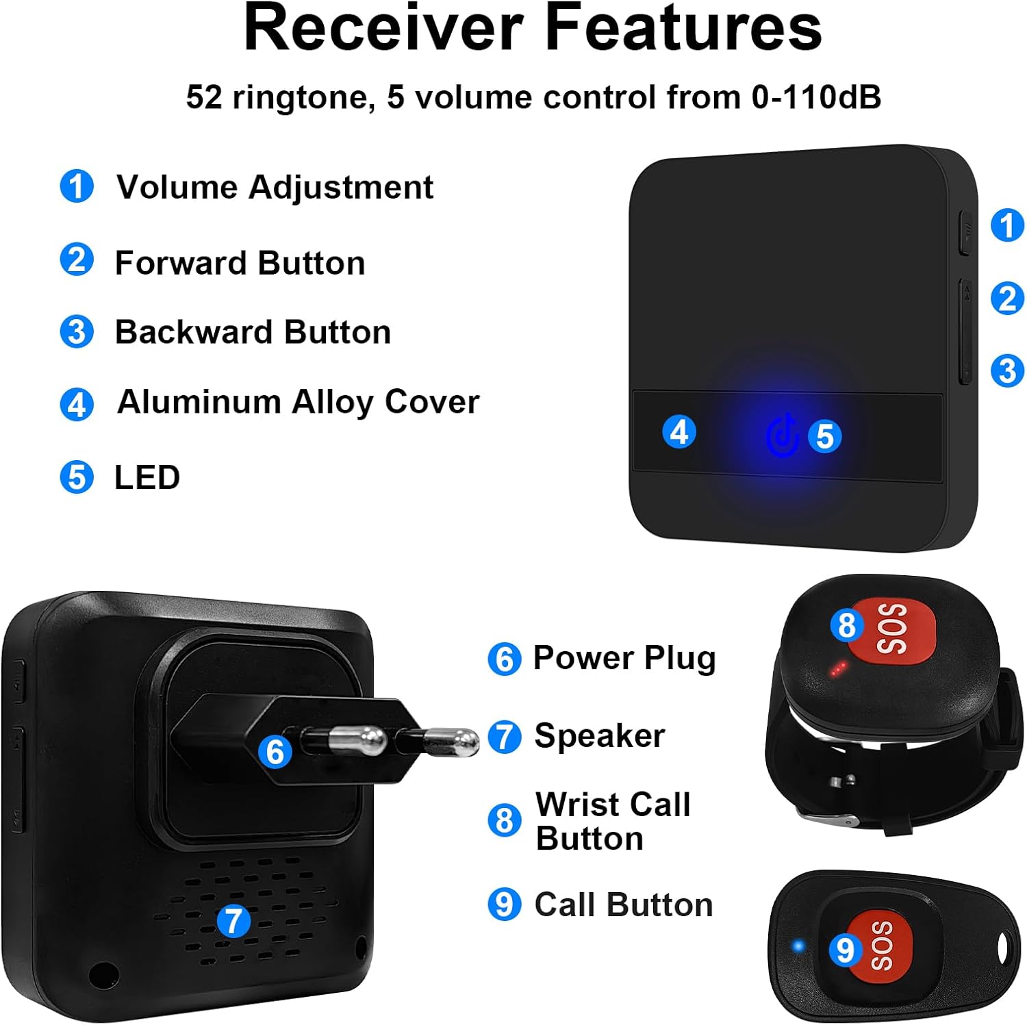 ALEENFOON Notrufknopf für Senioren, Wireless Alarm Armband Notfallarmband mit 52 Klingeltöne, Notrufknopf für Senioren Plug-in Hausnotruf Panikalarm Funkalarm für Pflegebedürftige (3 to 2 Schwarz) – Bild 3