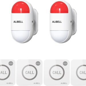 ALIBELL Notrufknopf für Senioren Stroboskop-Sirenenalarm-Kit, Persönlicher Alarm(Batteriebetrieben&USB-Laden), 4 Notrufknopf + 2 Sirenen