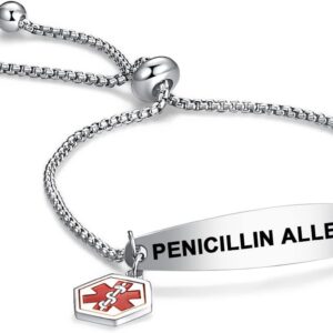 AITENME Medizinische Armband für Damen SOS Notfall Armbandrmbänder aus Edelstahl Alarm ID Verstellbare Slider Armbänder für Frauen Mädchen Mama Freundin Silber