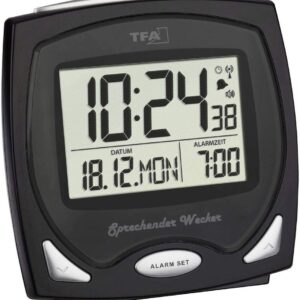 TFA Dostmann Sprechender Funk-Wecker ideal für Sehbehinderte, 60.2541.01, Zeitansage stündlich oder auf Tastendruck, auf Deutsch, Alltagshilfe, Einstellung mit Sprachausgabe, 12 x 6 x 12 cm, schwarz