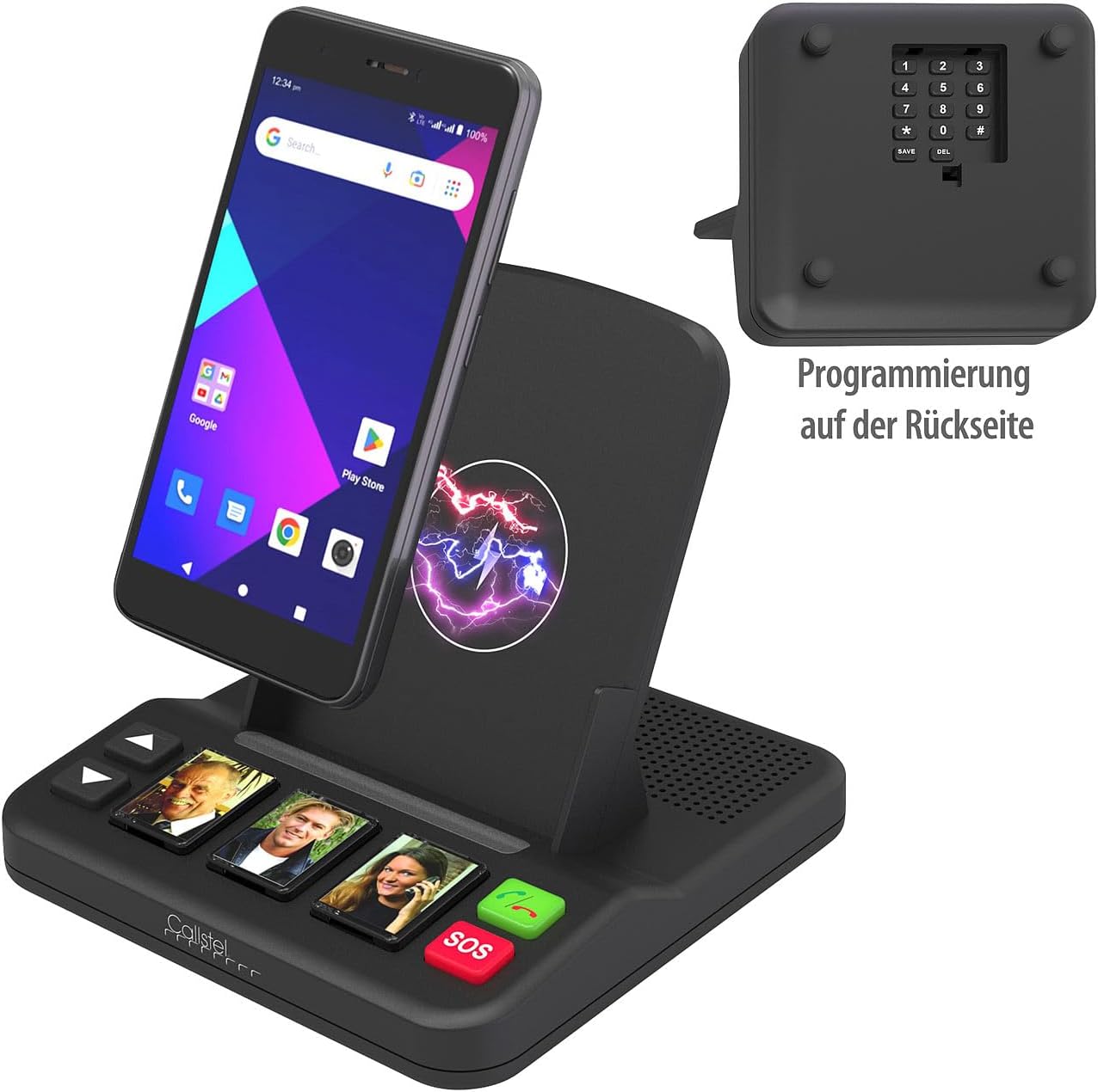 Callstel Telefon-Dockingstation: Senioren-Freisprecheinrichtung mit 3 Kurzwahl-Foto-Tasten, Notruf, Qi (Alternative für Seniorentelefon, Notruf-Station, Tablet Halter) – Bild 2