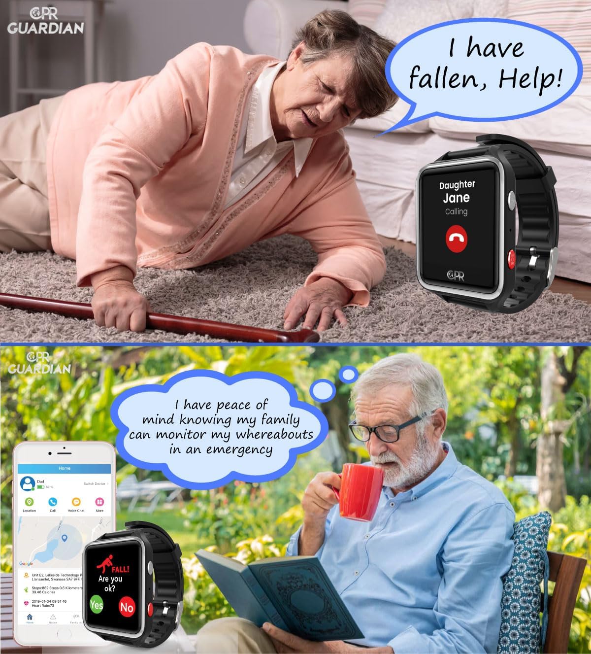 CPR GUARDIAN III Senioren Notruf Uhr - SOS Notrufarmband für Senioren - Smartwatch Senioren mit Sturzerkennung, GPS Tracker, Telefonfunktion und Pulsuhr (Schwarz) – Bild 7