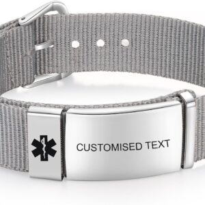 Amsgedhie Personalisiertes medizinisches Alarm-Armband, Sport-Nylon-Armband mit Edelstahl-Notfall-ID-Tag-Armband, 17cm~20cm verstellbares Armband Gürtelschnalle, Unisex