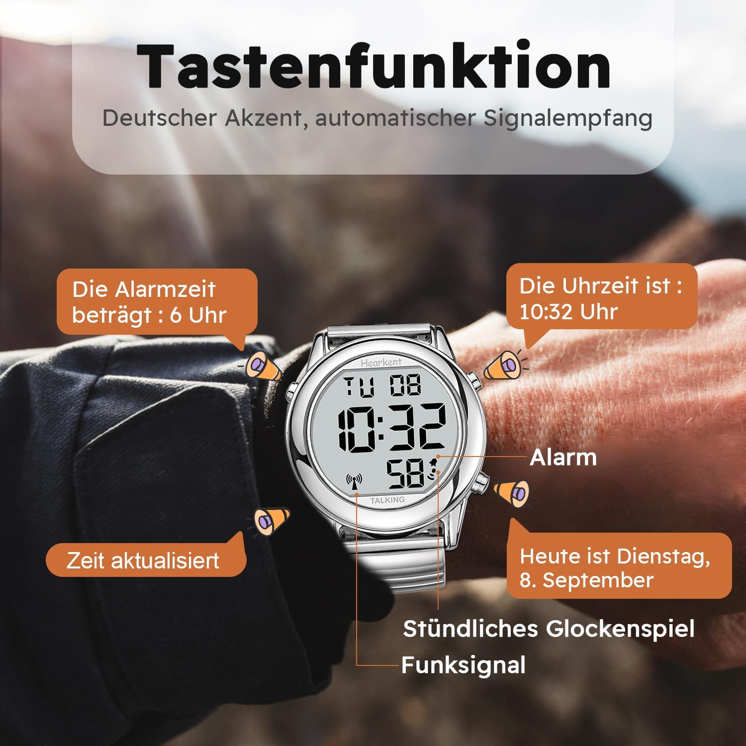 Hearkent Sprechende Uhr Sehbehinderte Funkuhr-Deutscher Stimme-LCD Große Zahl Leicht zu Lesen-Seniorenuhr Armbanduhr für Senioren,Blindenuhr – Bild 3