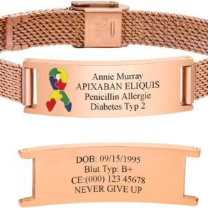 FLHEART Notfallarmband SOS Armband Damen - Medic ID Armband Gravur Name Telefonnummer für Autismus Frauen, Personalisiertes Medizinische Notfall Armband für Allergie Diabetiker Asthma Epilepsie DNR