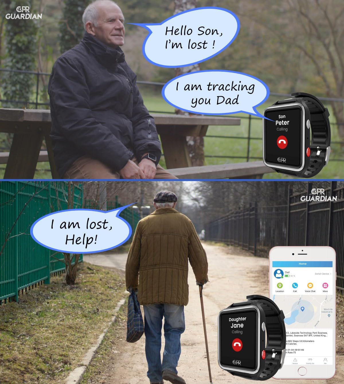 CPR GUARDIAN III Senioren Notruf Uhr - SOS Notrufarmband für Senioren - Smartwatch Senioren mit Sturzerkennung, GPS Tracker, Telefonfunktion und Pulsuhr (Schwarz) – Bild 6