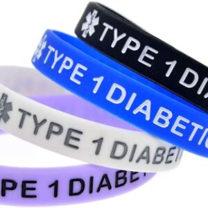 Adjustable Silicone Wristband Type 1 Diabetic Message Alert 4 Colors for All Ages, Resin