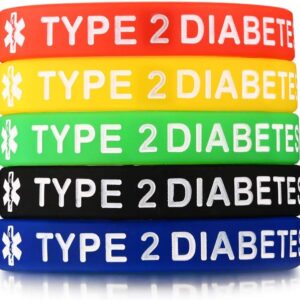 5 Silicone Rubber Type 2 Diabetes Medical Alert ID Bracelet Emergency Wristbands, 5 Colours, Silicone