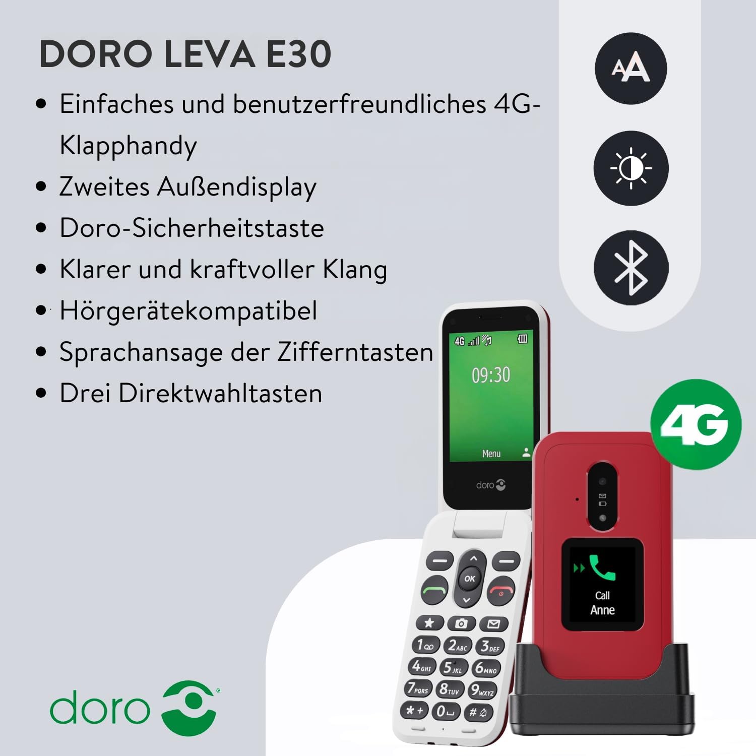 Doro - Leva E30 4G Seniors Folding Phone - Large Display 2.8" External Display, Contrast Buttons, Loud & Clear Sound, Camera - Secure Button - with Charging Base - Red/White – Bild 2