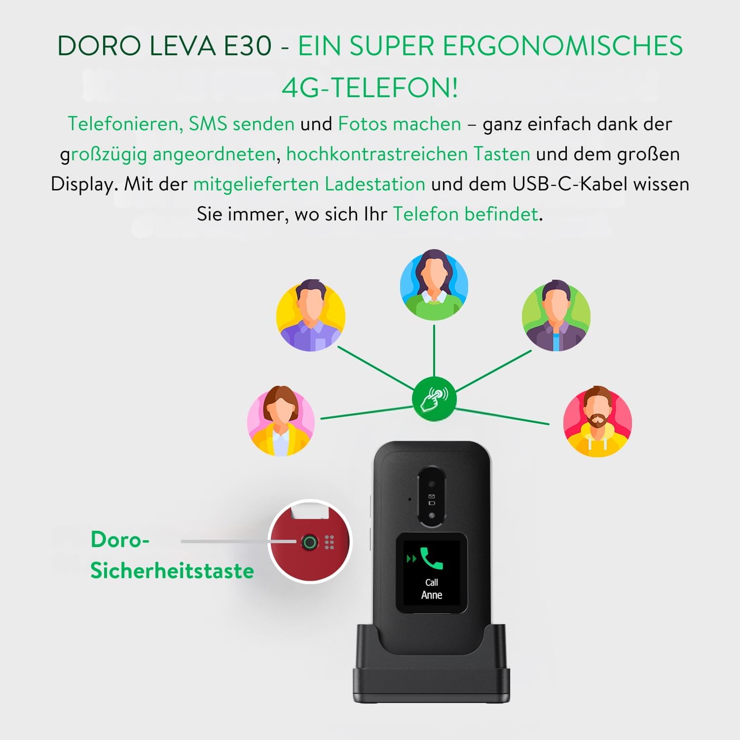 Doro - Leva E30 4G Seniors Folding Phone - Large Display 2.8" External Display, Contrast Buttons, Loud & Clear Sound, Camera - Secure Button - with Charging Base - Red/White – Bild 4