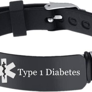 Personalised Medical Alarm ID Type 1 2 Diabetes Bracelet, Diabetes Awareness Silicone Bangle for Women Men Children Teenagers Adapted Identification Jewellery for Emergency