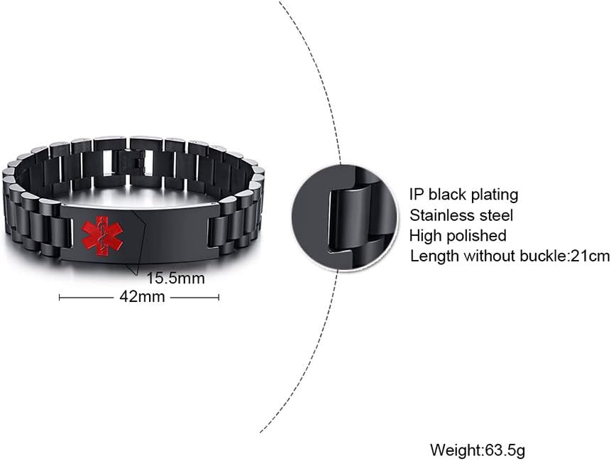 Men's Emergency Bracelet, Medical Bracelet, Engraved Medical Alarm, ID Bracelets with Adjustable Stainless Steel, Personalised Allergy, Diabetic Emergency Bracelet for Men – Bild 2