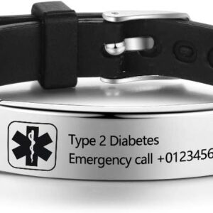 Personalised Medic Alert Bracelet for Women, Silicone Band Emergency Medical Alert Men's Bracelets Official ID, Bracelet with Medical Alert Badge, Custom Engraving Text Health Information