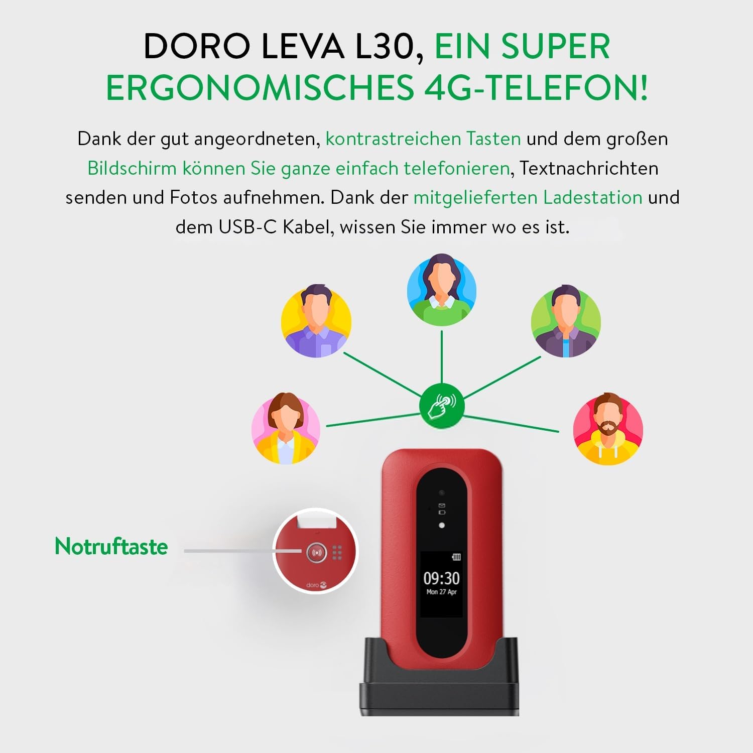 Doro - Leva L30 - Senior Mobile Phone - 4G Folding Mobile Phone without Contract - External Display - HD Audio Quality - Camera - Emergency Button with GPS - Including Charging Station - Black/White – Bild 4