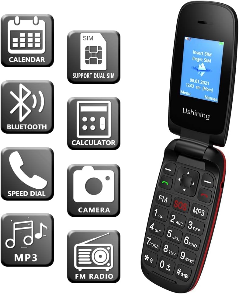 CHAKEYAKE Senior Mobile Phone without Contract, Folding Mobile Phone with Large Buttons, 2G GSM Mobile Phone for Seniors with 1.7 Inch Colour Display, Dual SIM, SOS Emergency Call Button, Torch (Black Red) – Bild 3