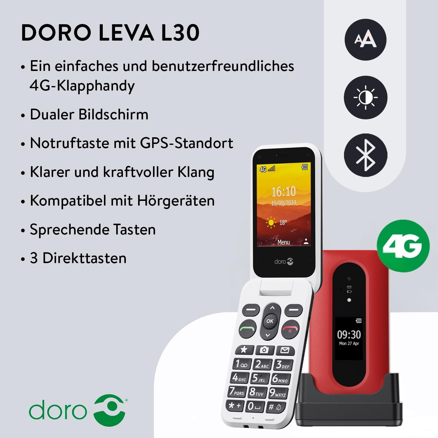 Doro - Leva L30 - Senior Mobile Phone - 4G Folding Mobile Phone without Contract - External Display - HD Audio Quality - Camera - Emergency Button with GPS - Including Charging Station - Black/White – Bild 2