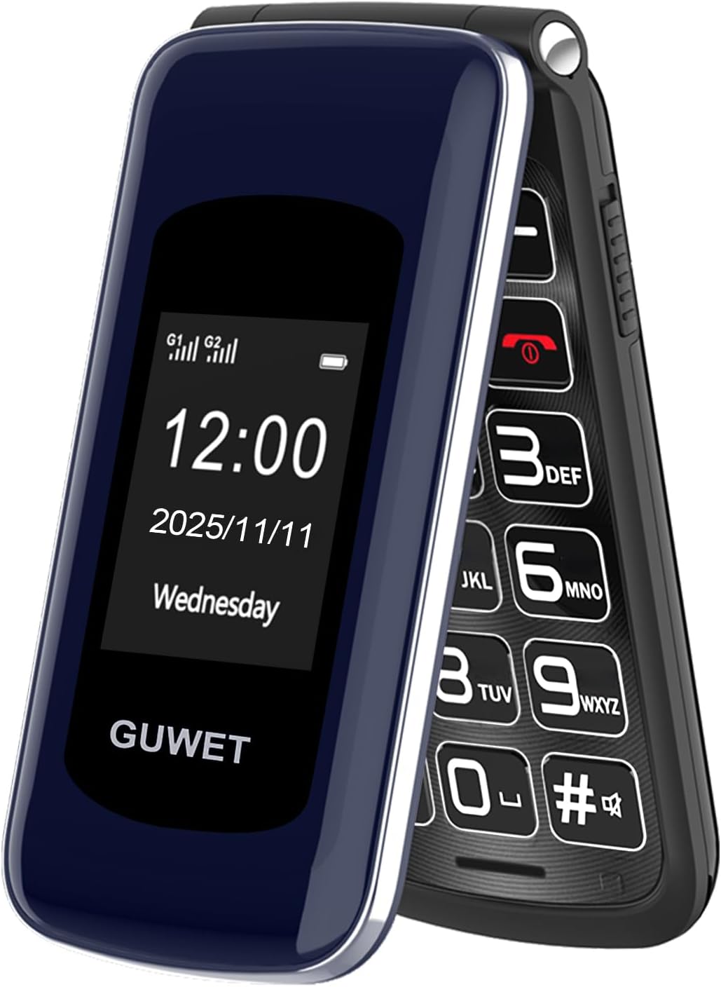2G Senior Mobile Phone Folding Mobile Phone without Contract, Pensioner Mobile Phone Large Buttons, SOS Emergency Call Function, 1600 mAh Battery, 2.4 Inch + 1.77 Inch Dual Display, Dual SIM with Emergency Call Button, Blue