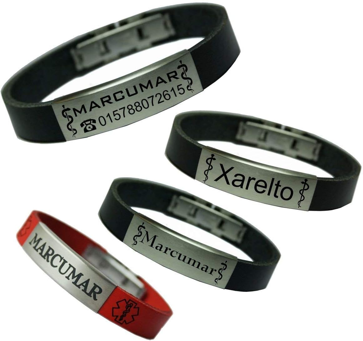 Tinasfunshop SOS Emergency Marcumar Leather Bracelet Engraved Xarelto for Men Women and Children – Bild 2