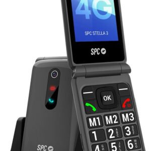 SPC Stella 3 - 4G Senior Mobile Phone with Folding Cover, Menu and Large Buttons, Emergency Call Button, Remote Configuration, Hearing Aid Compatible and 103 dB Volume, Charging Station and 3 Direct Memories, Black