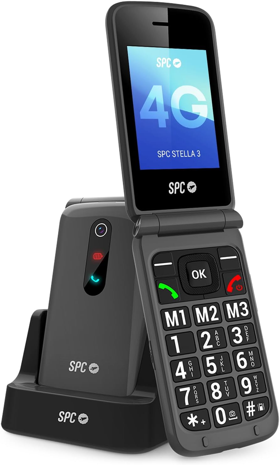 SPC Stella 3 - 4G Senior Mobile Phone with Folding Cover, Menu and Large Buttons, Emergency Call Button, Remote Configuration, Hearing Aid Compatible and 103 dB Volume, Charging Station and 3 Direct Memories, Black