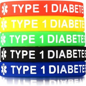 VNOX 5 Pcs Silicone Rubber Type 1 Diabetes Medical Alert ID Wristband Emergency Bracelet,5 Colors