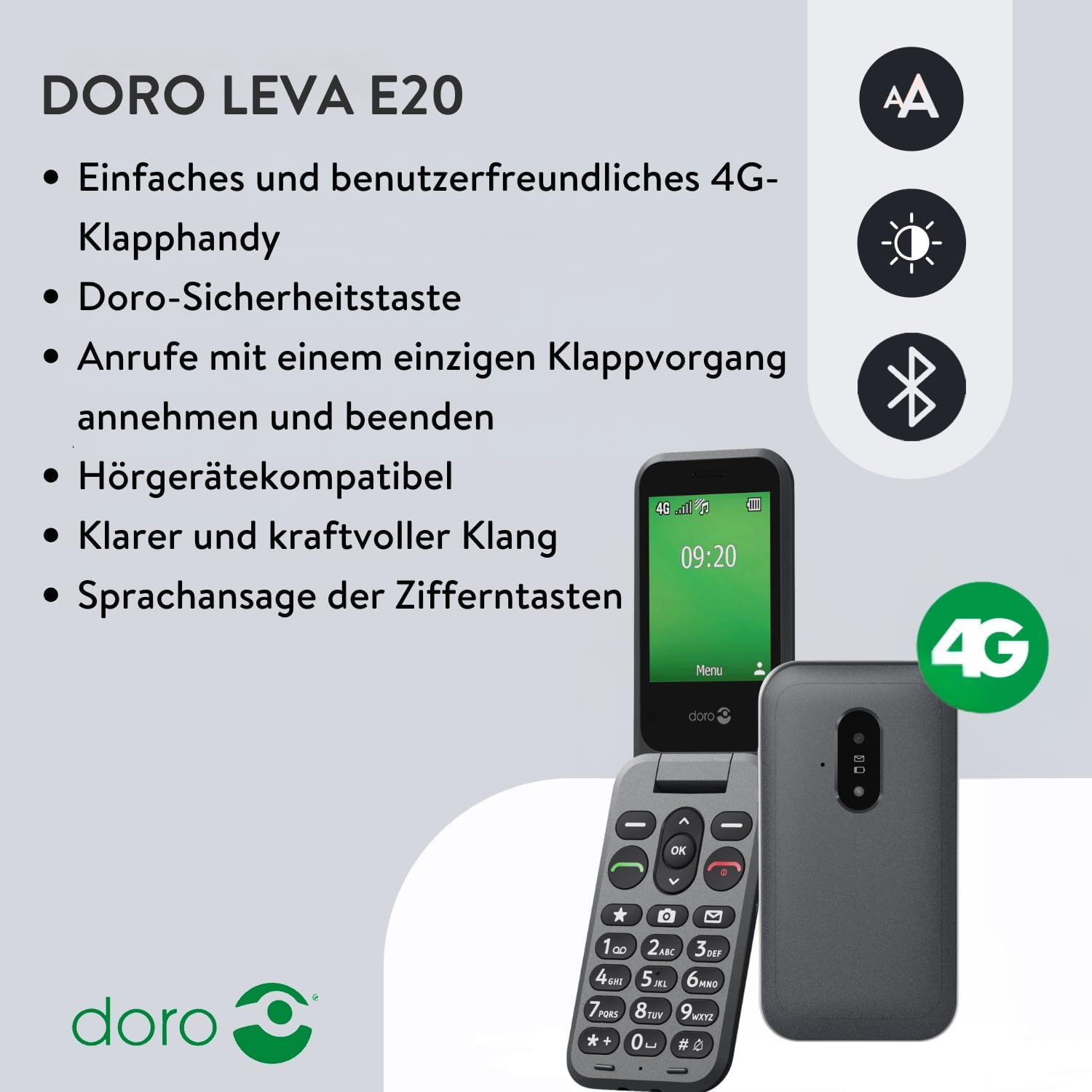 Doro Telephone Leva E20 - 4G Flip Phone for Seniors - 2.8 Inch Display, High Contrast Buttons, Ultra Clear Sound, HD Voice, Camera, Secure Button - Black – Bild 2