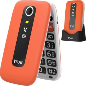 TRUE S70 Senior Mobile Phone Folding Mobile Phone without Contract, 2G Mobile Phone with Large 2.8 Inch Display, Drop Detection, SOS Emergency Call Button, Extra Loud Large Buttons, Pedometer, Quick Dial, Charging Station, Orange | fall sensor, Extra loud mode, Large number display, Large font