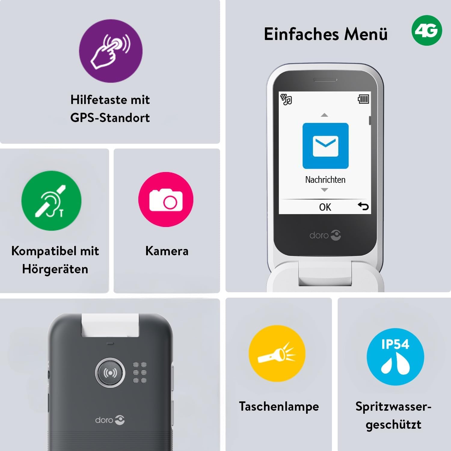 Doro - Leva L30 - Senior Mobile Phone - 4G Folding Mobile Phone without Contract - External Display - HD Audio Quality - Camera - Emergency Button with GPS - Including Charging Station - Black/White – Bild 3
