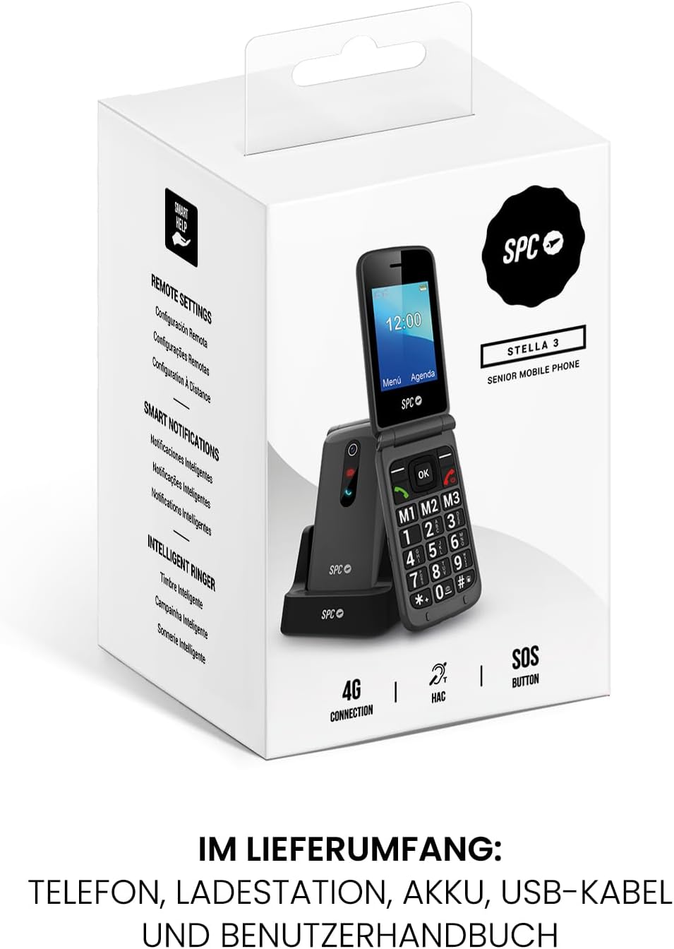SPC Stella 3 - 4G Senior Mobile Phone with Folding Cover, Menu and Large Buttons, Emergency Call Button, Remote Configuration, Hearing Aid Compatible and 103 dB Volume, Charging Station and 3 Direct Memories, Black – Bild 7