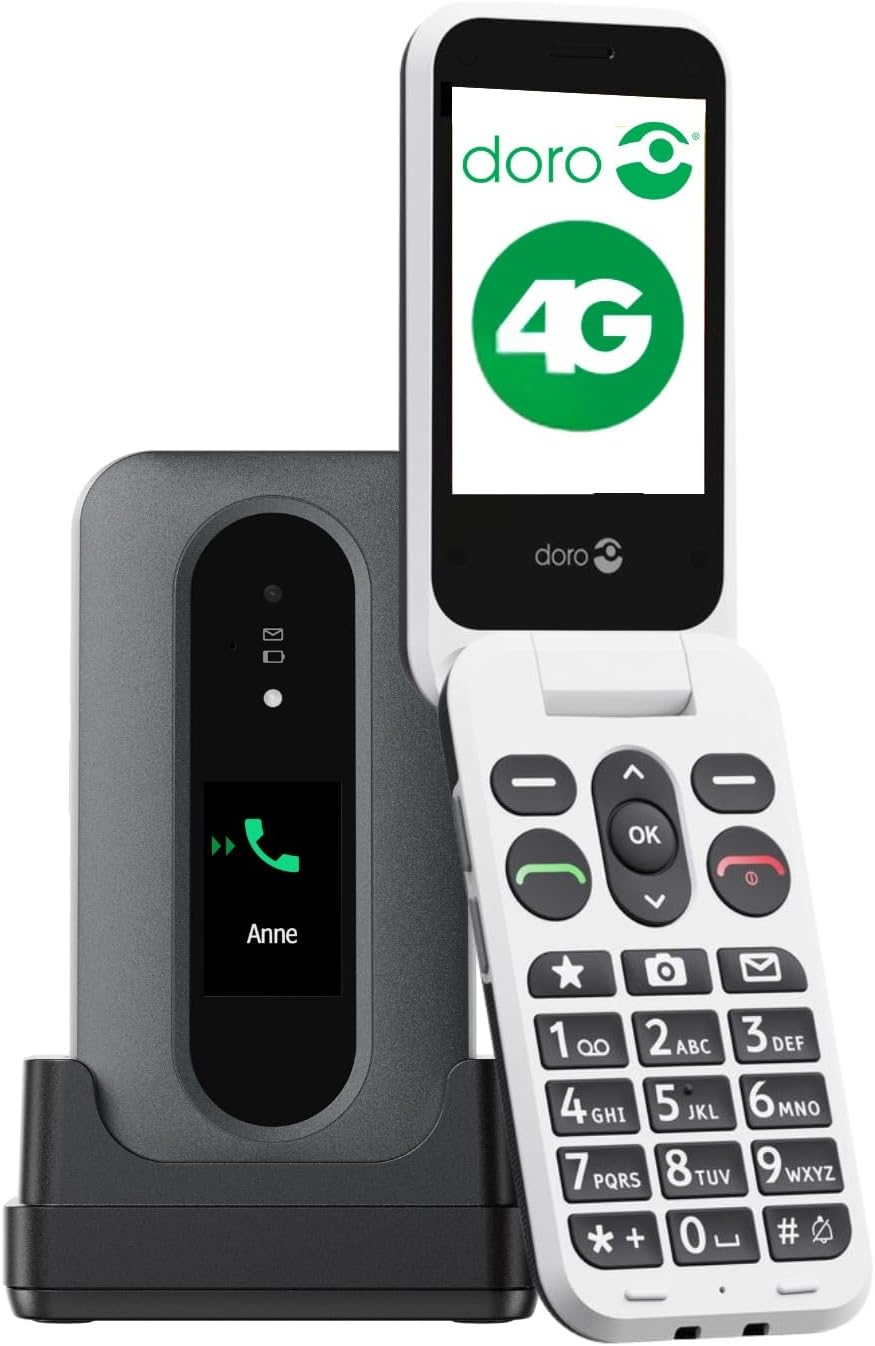 Doro - Leva L30 - Senior Mobile Phone - 4G Folding Mobile Phone without Contract - External Display - HD Audio Quality - Camera - Emergency Button with GPS - Including Charging Station - Black/White