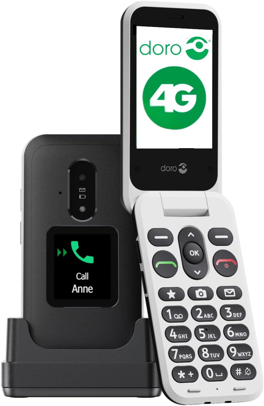 Doro Leva E30 - 4G Folding Phone for Elderly People - Large 2.8 Inch Screen, External Display, High Contrast Buttons, Loud & Clear Sound, Camera - Doro Secure Button - Charging Cradle - Black/White