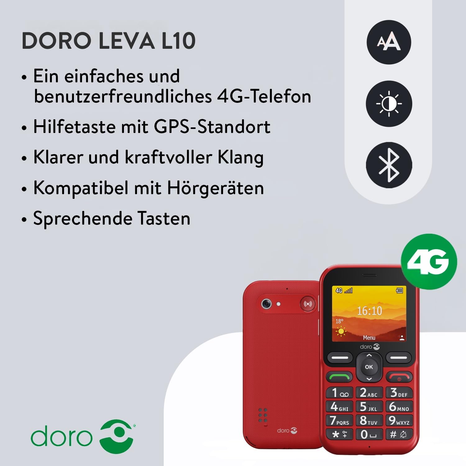 Doro - Leva L10 - Téléphone Portable Senior - Téléphone 4G Débloqué - Grand Écran - Son HD Puissant - Appareil Photo - Touche d'Assistance Avec GPS - Socle Chargeur Inclus - Graphite – Bild 2