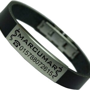 Tinasfunshop SOS Emergency Marcumar Leather Bracelet Engraved Xarelto for Men Women and Children