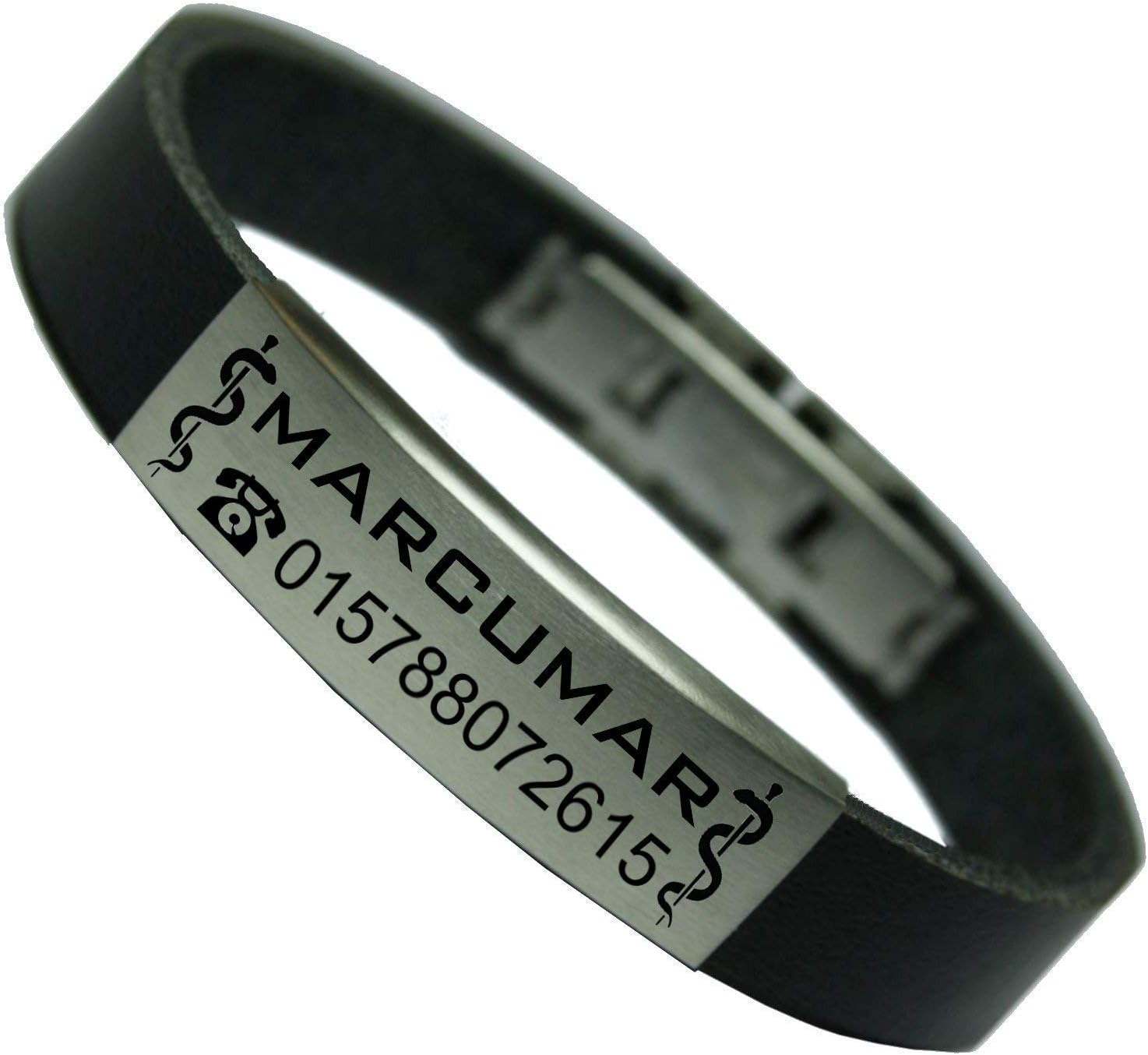 Tinasfunshop SOS Emergency Marcumar Leather Bracelet Engraved Xarelto for Men Women and Children