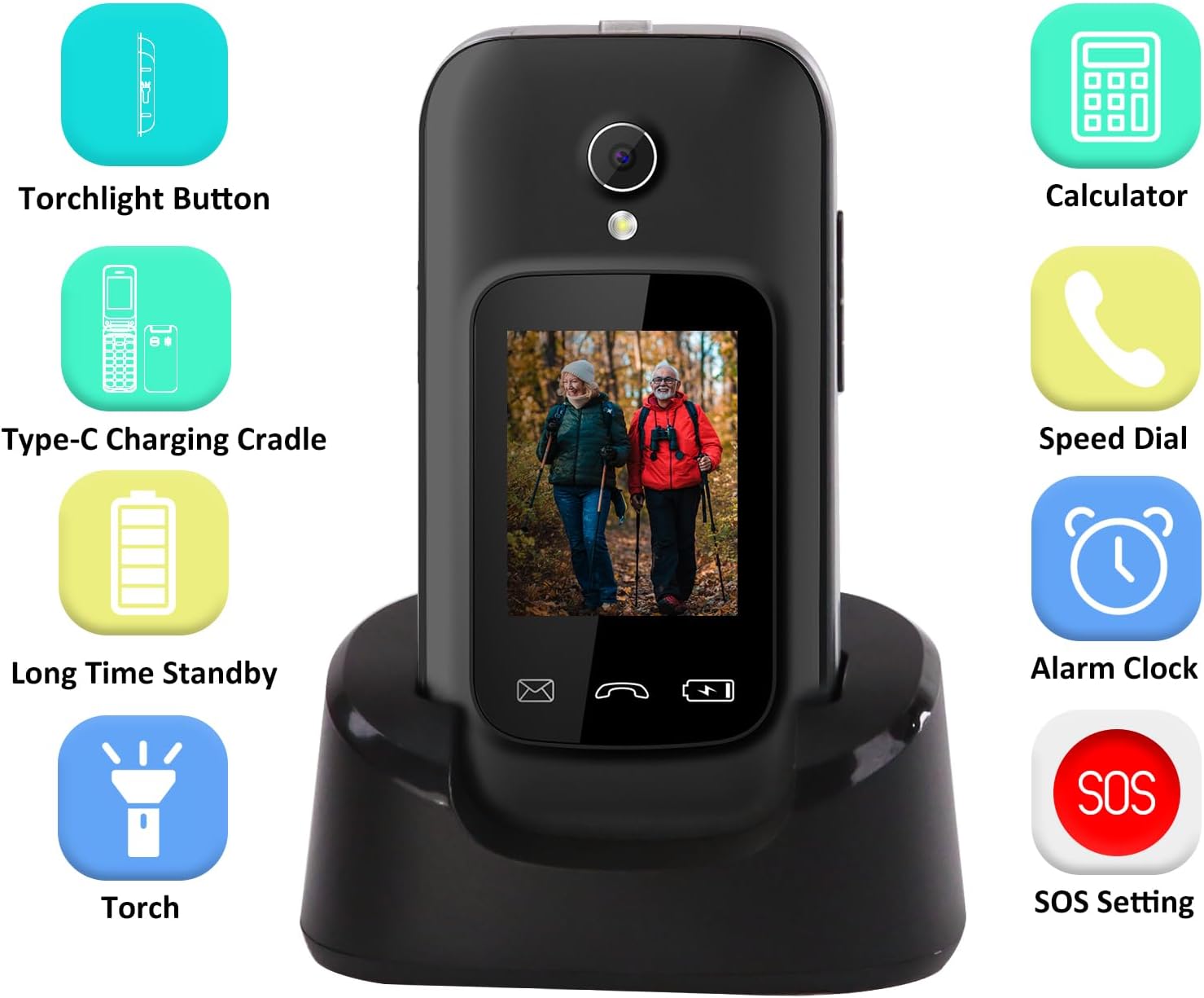 LESIA 4G Folding Mobile Phone for Seniors without Contract with Large Buttons Mobile Phone, Dual SIM Flip Mobile Phone for Seniors, SOS Emergency Call Function, Torch, FM Radio, 2.4 Inch Display with Charging Station, Grey – Bild 5