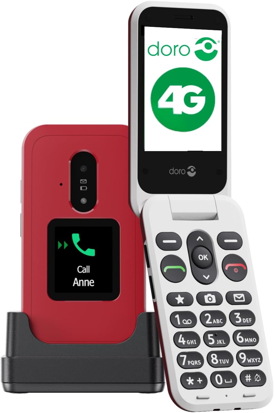 Doro - Leva E30 4G Seniors Folding Phone - Large Display 2.8" External Display, Contrast Buttons, Loud & Clear Sound, Camera - Secure Button - with Charging Base - Red/White