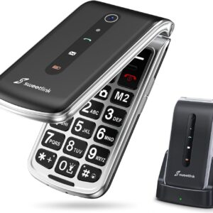 SweetLink F1PLUS Senior Mobile Phone Folding Mobile Phone Without Contract, Large Button Mobile Phone with Charging Station, GSM Flip Mobile Phone SOS Emergency Call Function, 1000 mAh Battery, Torch, FM Radio, 2.4 Inch Colour Display, Black