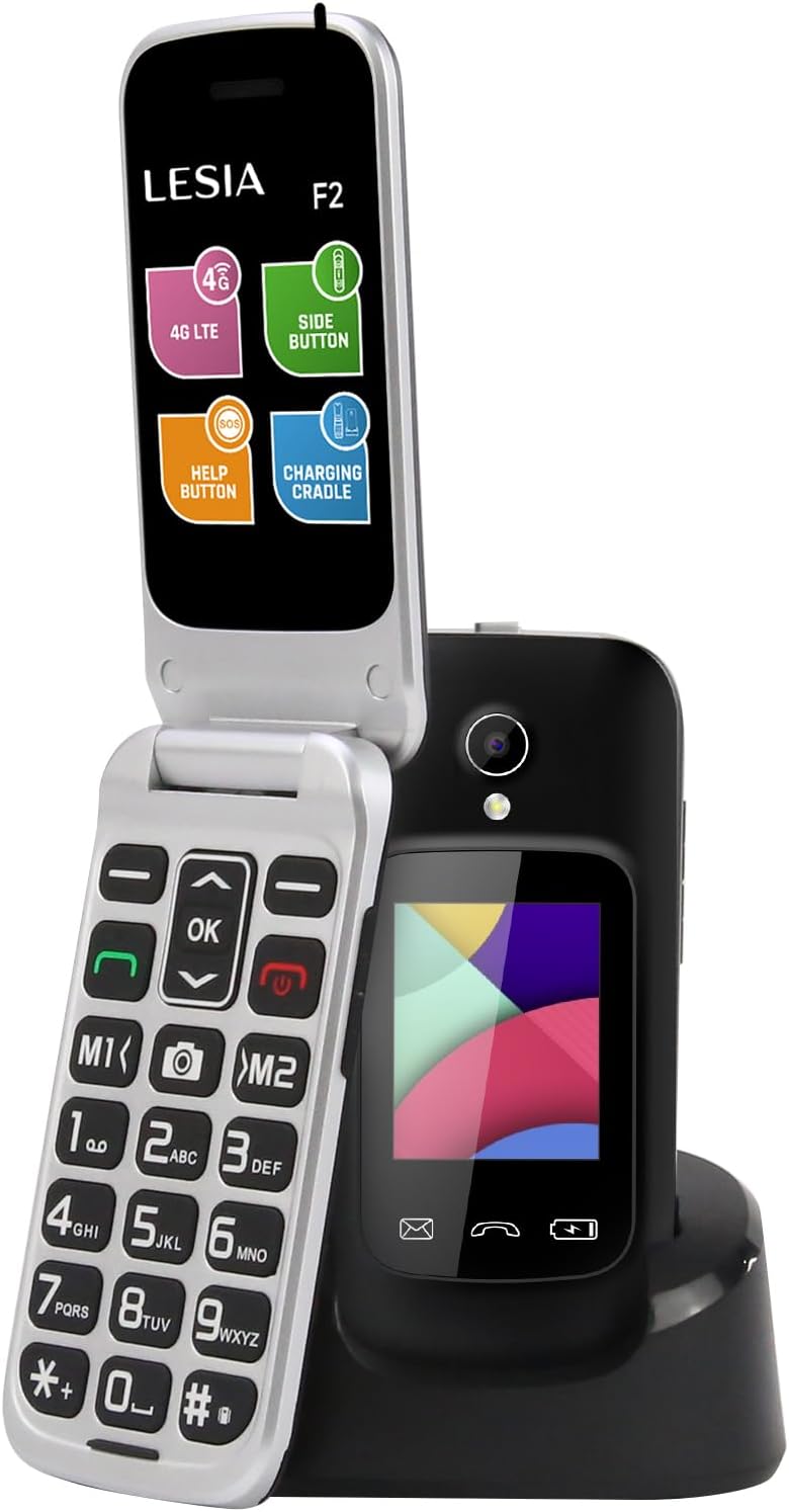 LESIA 4G Folding Mobile Phone for Seniors without Contract with Large Buttons Mobile Phone, Dual SIM Flip Mobile Phone for Seniors, SOS Emergency Call Function, Torch, FM Radio, 2.4 Inch Display with Charging Station, Grey