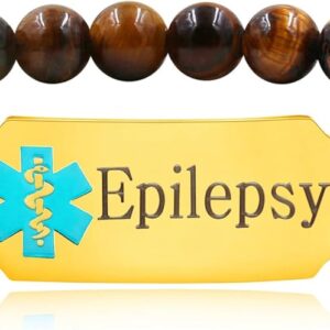 Handmade Tiger's Eye Stone Personal Medical Alert Bracelet - Gold-Coloured Individual ID Name Bracelet for Men Women Seniors First Aid Jewellery (YA5048)