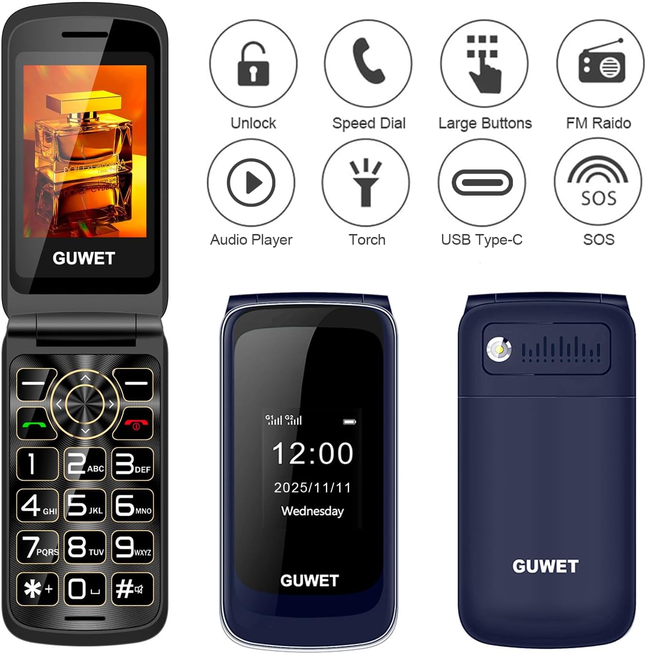 2G Senior Mobile Phone Folding Mobile Phone without Contract, Pensioner Mobile Phone Large Buttons, SOS Emergency Call Function, 1600 mAh Battery, 2.4 Inch + 1.77 Inch Dual Display, Dual SIM with Emergency Call Button, Blue – Bild 2