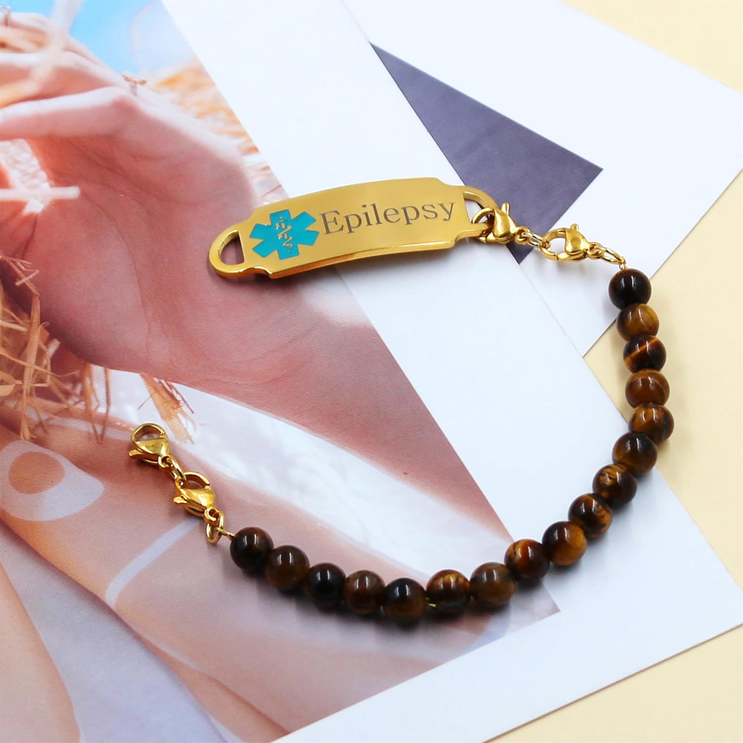 Handmade Tiger's Eye Stone Personal Medical Alert Bracelet - Gold-Coloured Individual ID Name Bracelet for Men Women Seniors First Aid Jewellery (YA5048) – Bild 5