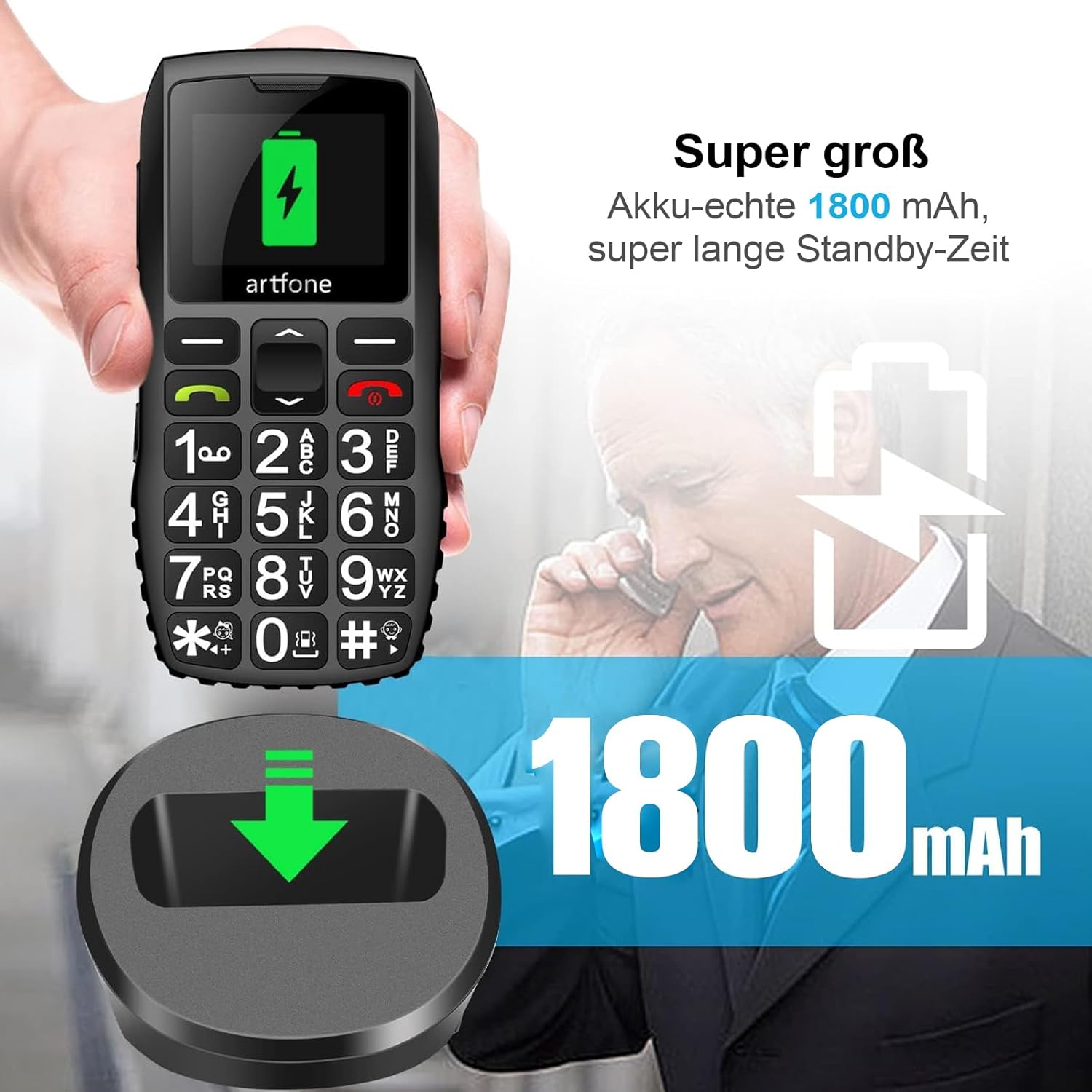 artfone 4G Senior Mobile Phone without Contract | SIM with Emergency Call Button | Pensioner Mobile Phone Large Buttons | Torch | Battery Long Standby Time | USB-C | Button Mobile Phone with Charging Station | 1.77 Inch Colour Display – Bild 3