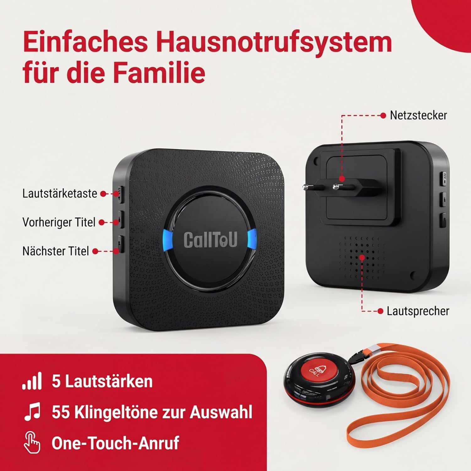 CalltoU Emergency Call Button for Seniors, Seniors Emergency Call with 5 Volume Levels, Home Emergency Call with 55 Ringtones, IP55 Waterproof SOS Emergency Button 150 m / 500 ft Range (1 Transmitter 1 Receiver) – Bild 7