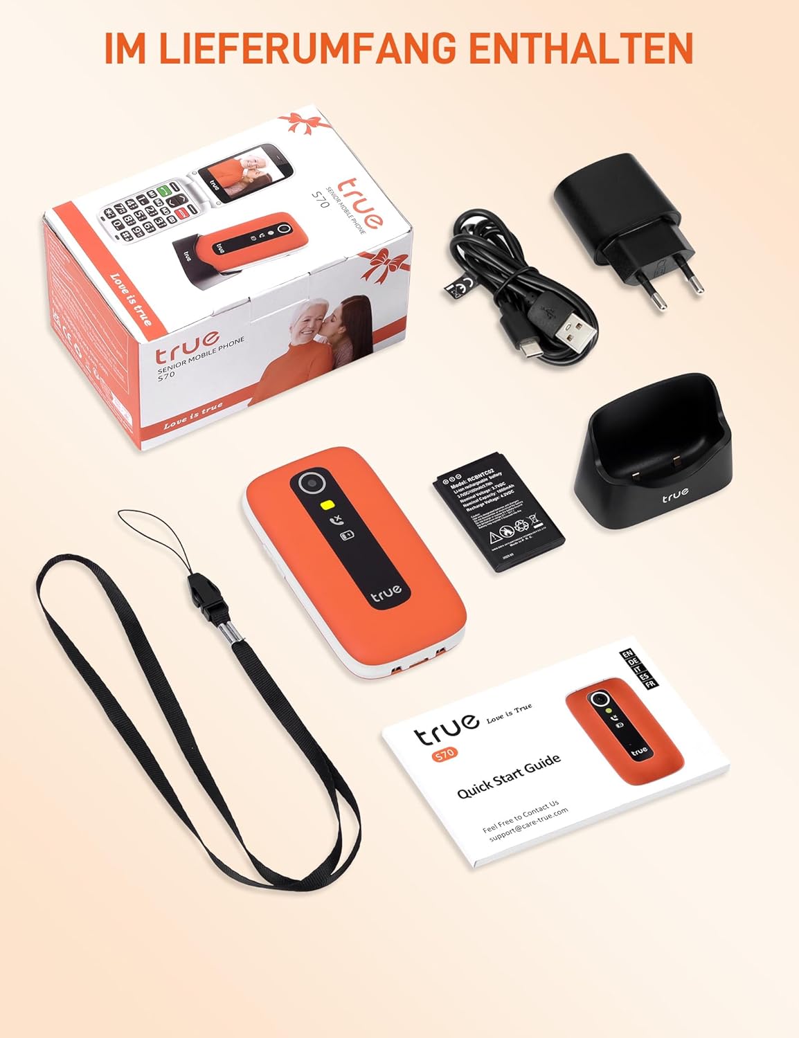 TRUE S70 Senior Mobile Phone Folding Mobile Phone without Contract, 2G Mobile Phone with Large 2.8 Inch Display, Drop Detection, SOS Emergency Call Button, Extra Loud Large Buttons, Pedometer, Quick Dial, Charging Station, Orange | fall sensor, Extra loud mode, Large number display, Large font – Bild 9