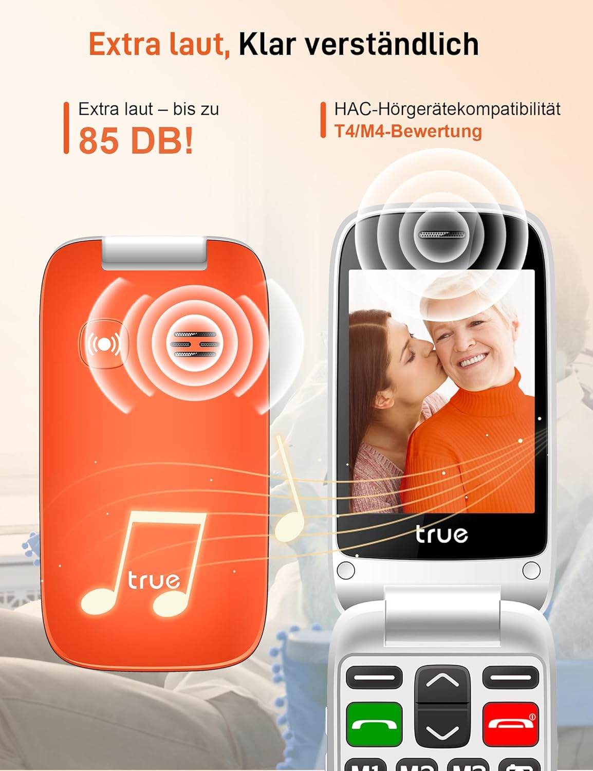 TRUE S70 Senior Mobile Phone Folding Mobile Phone without Contract, 2G Mobile Phone with Large 2.8 Inch Display, Drop Detection, SOS Emergency Call Button, Extra Loud Large Buttons, Pedometer, Quick Dial, Charging Station, Orange | fall sensor, Extra loud mode, Large number display, Large font – Bild 4