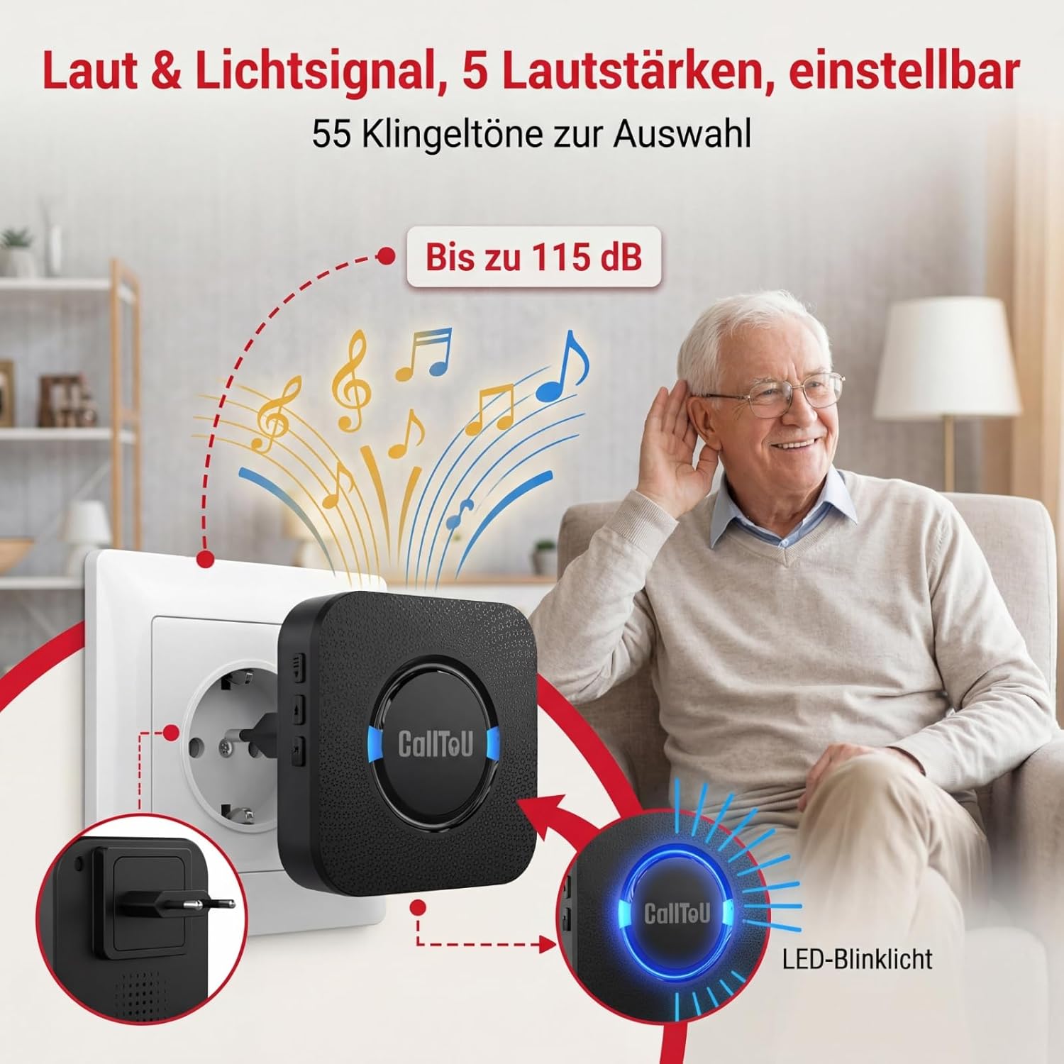 CalltoU Emergency Call Button for Seniors, Seniors Emergency Call with 5 Volume Levels, Home Emergency Call with 55 Ringtones, IP55 Waterproof SOS Emergency Button 150 m / 500 ft Range (1 Transmitter 1 Receiver) – Bild 3