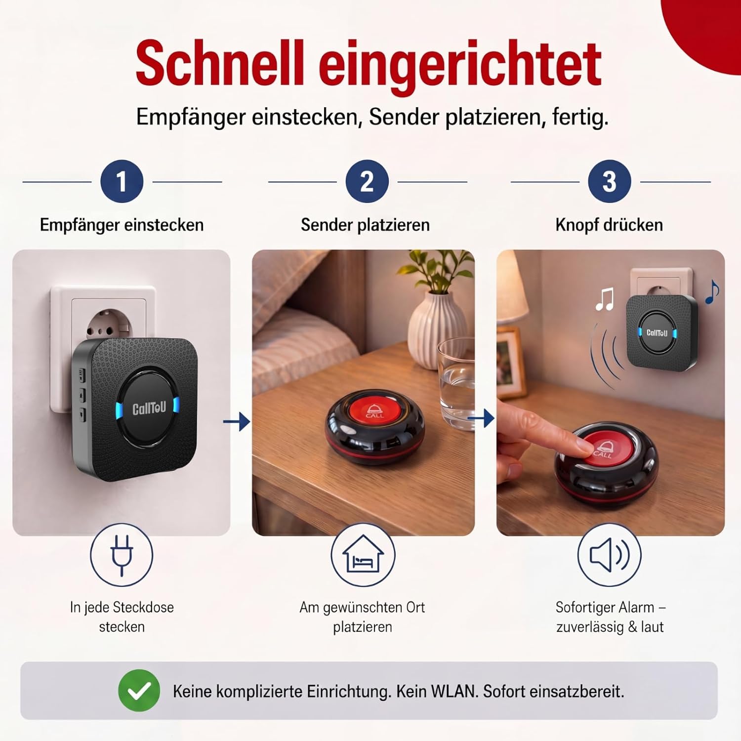 CalltoU Emergency Call Button for Seniors, Seniors Emergency Call with 5 Volume Levels, Home Emergency Call with 55 Ringtones, IP55 Waterproof SOS Emergency Button 150 m / 500 ft Range (1 Transmitter 1 Receiver) – Bild 6