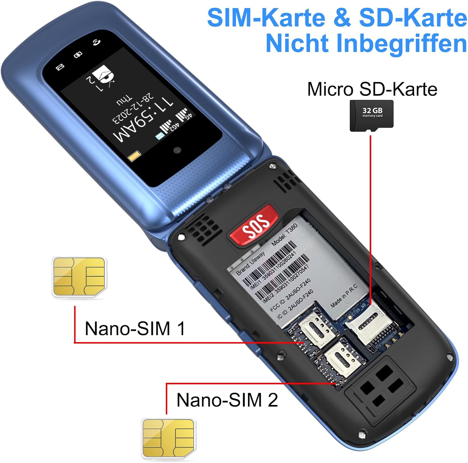 4G Folding Mobile Phone for Seniors with Large Buttons, Dual SIM Flip Mobile Phone with Charging Station, SOS Emergency Call Function, Speed Dial, Torch, FM Radio, 2.4 + 1.77 Inch Dual Colour Display, Blue – Bild 10